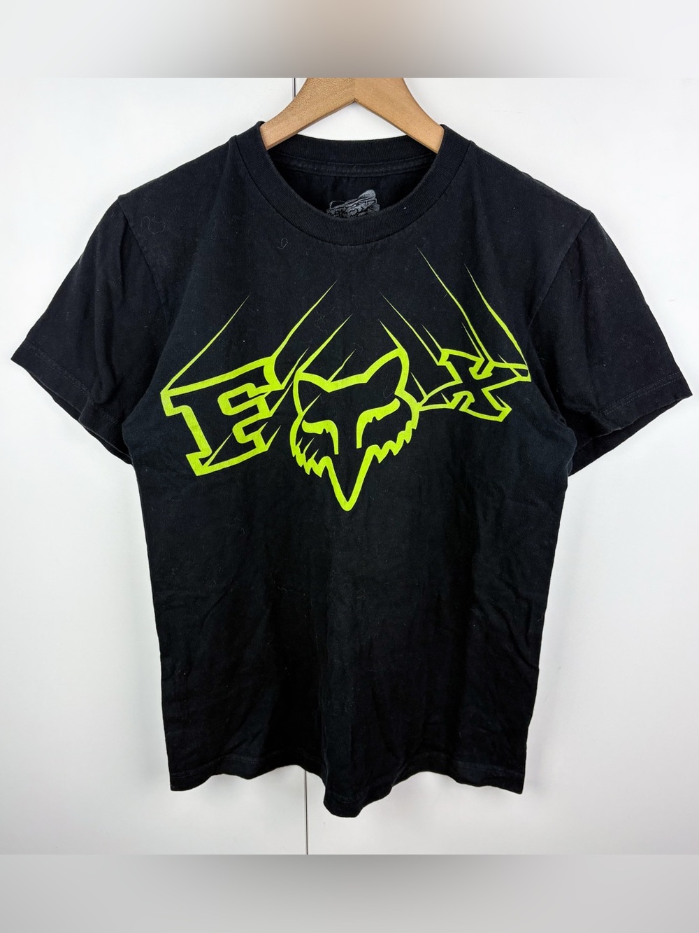 Fox Logo Graphic Short Sleeve Crew Neck Tee Shirt Black Neon Lime Green Small